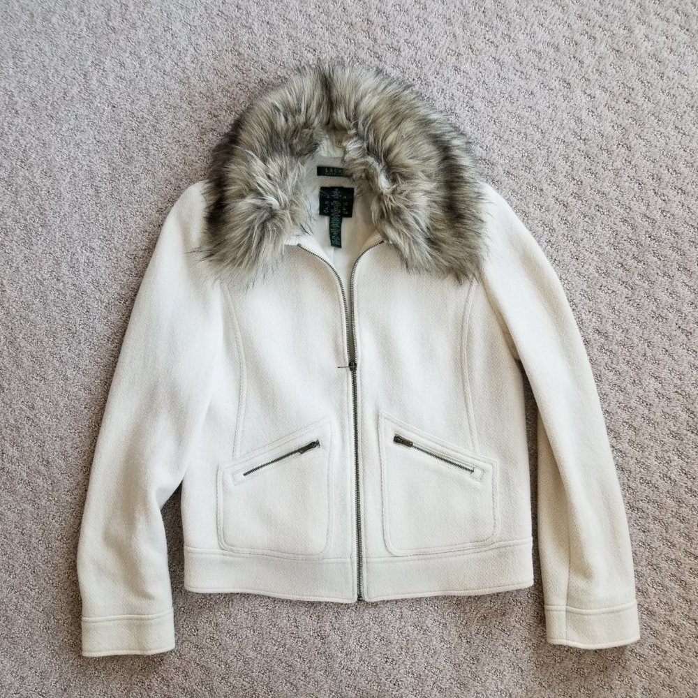 Lauren Ralph Lauren Removeable Faux Fur Collar Ivory Wool Blazer Jacket Sz 6 EUC